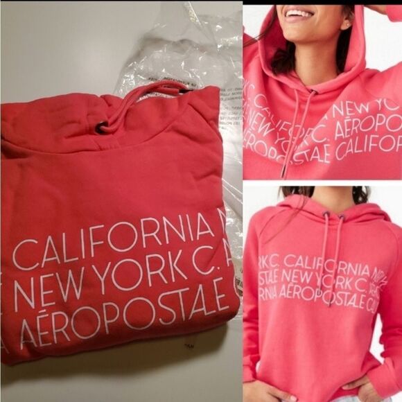 NEW XL AEROPOSTALE TRAVEL CA NY CITY CORAL PINK WHITE CROPPED HOODIE NWT x large - Picture 1 of 3